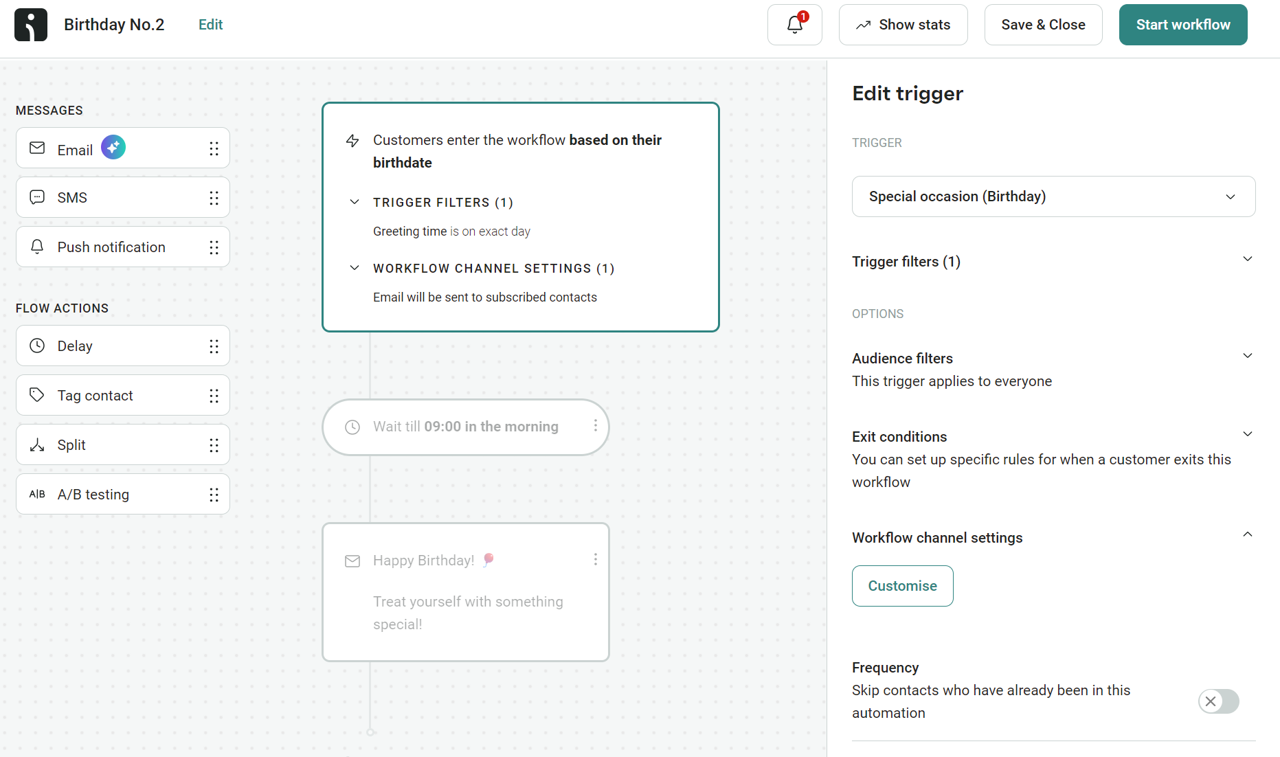 Email automation triggers: A workflow automation editor is displayed, showing settings for a birthday email trigger. The filter is based on customers birthdays, with customizable triggers and channel settings on the right panel.