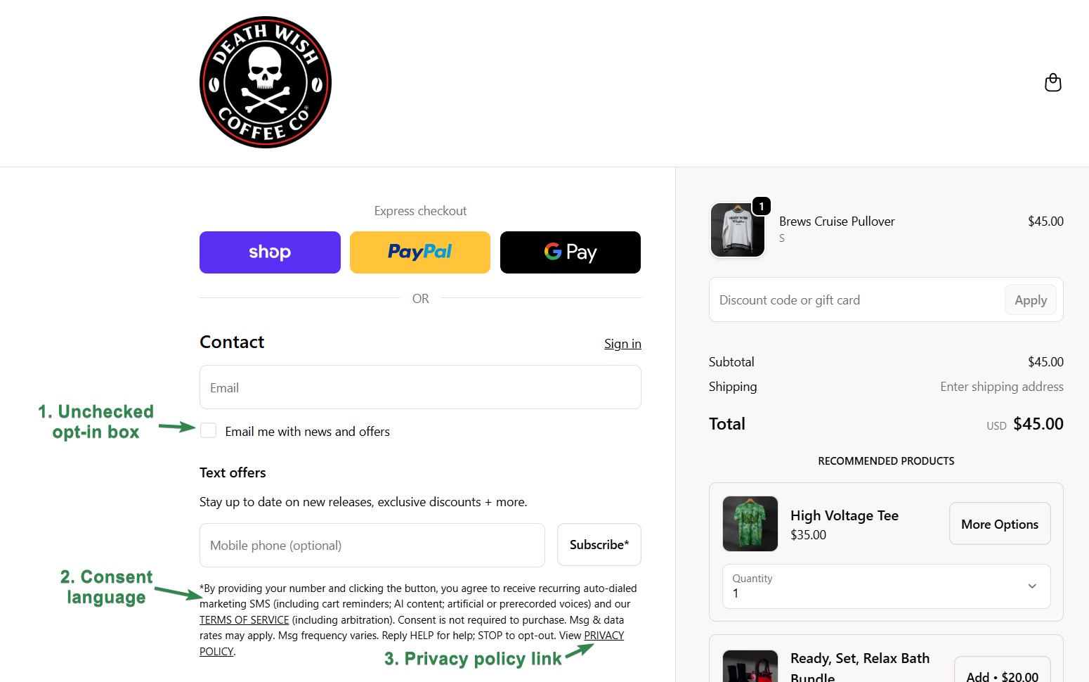 Opt-in email: Screenshot of an online checkout page for Death Wish Coffee Co. showing payment options, a pre-checked email opt-in box, consent language for marketing, and a highlighted privacy policy link.
