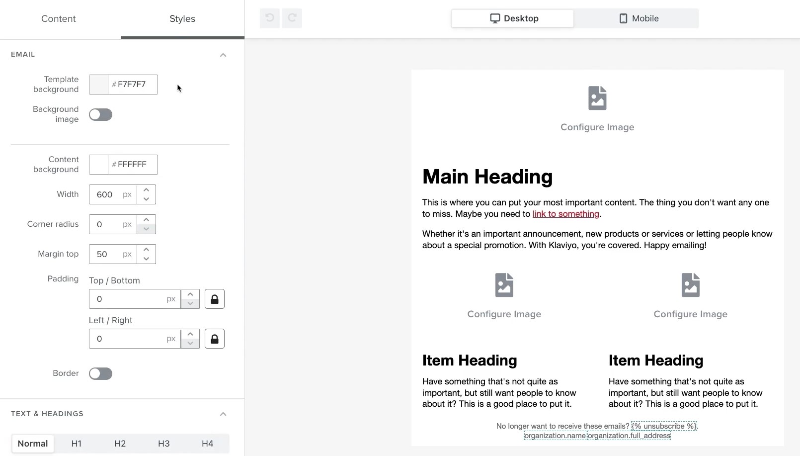 Klaviyo review pricing features: A screenshot of an email template editor shows options for background color, width, and margins on the left, and a preview of an email with headings, text, and placeholders for images on the right.