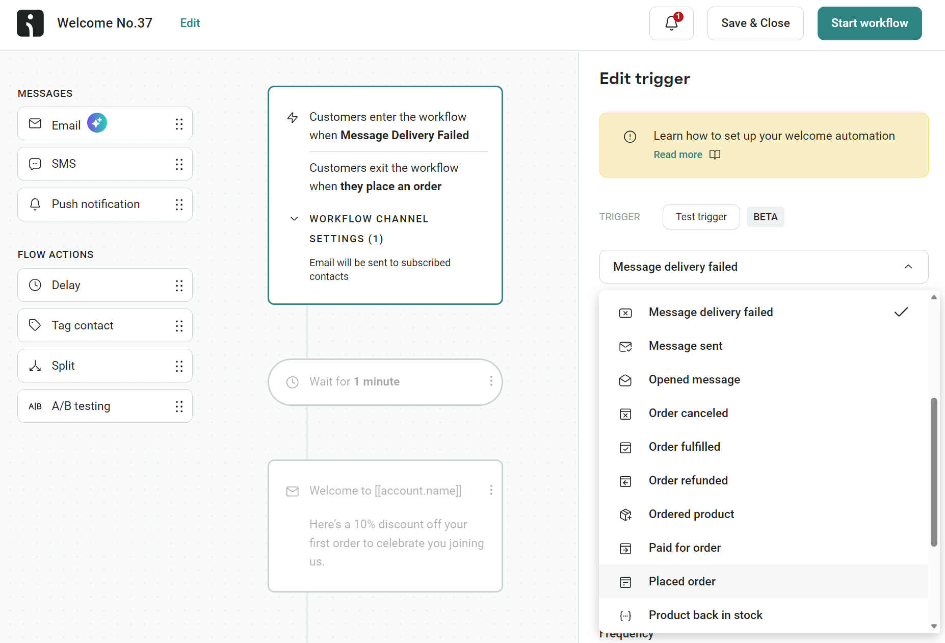 Hard bounce vs. soft bounce: A workflow automation dashboard displays message triggers and actions. The Edit trigger panel is open, showing options like Message delivery failed, Order cancelled, and Placed order.