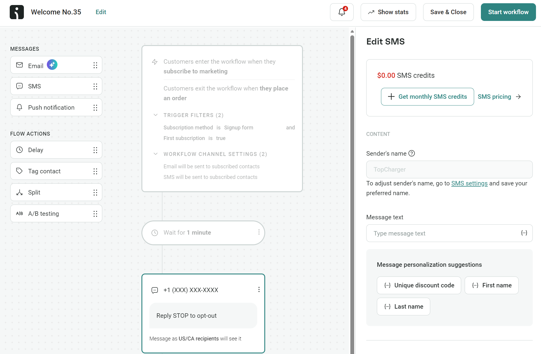 How to send a link in a text: A workflow builder interface displays options for creating messages, email, push notifications, and SMS. The right panel shows SMS content settings with an option to edit the sender and a warning of $0.00 SMS credits.