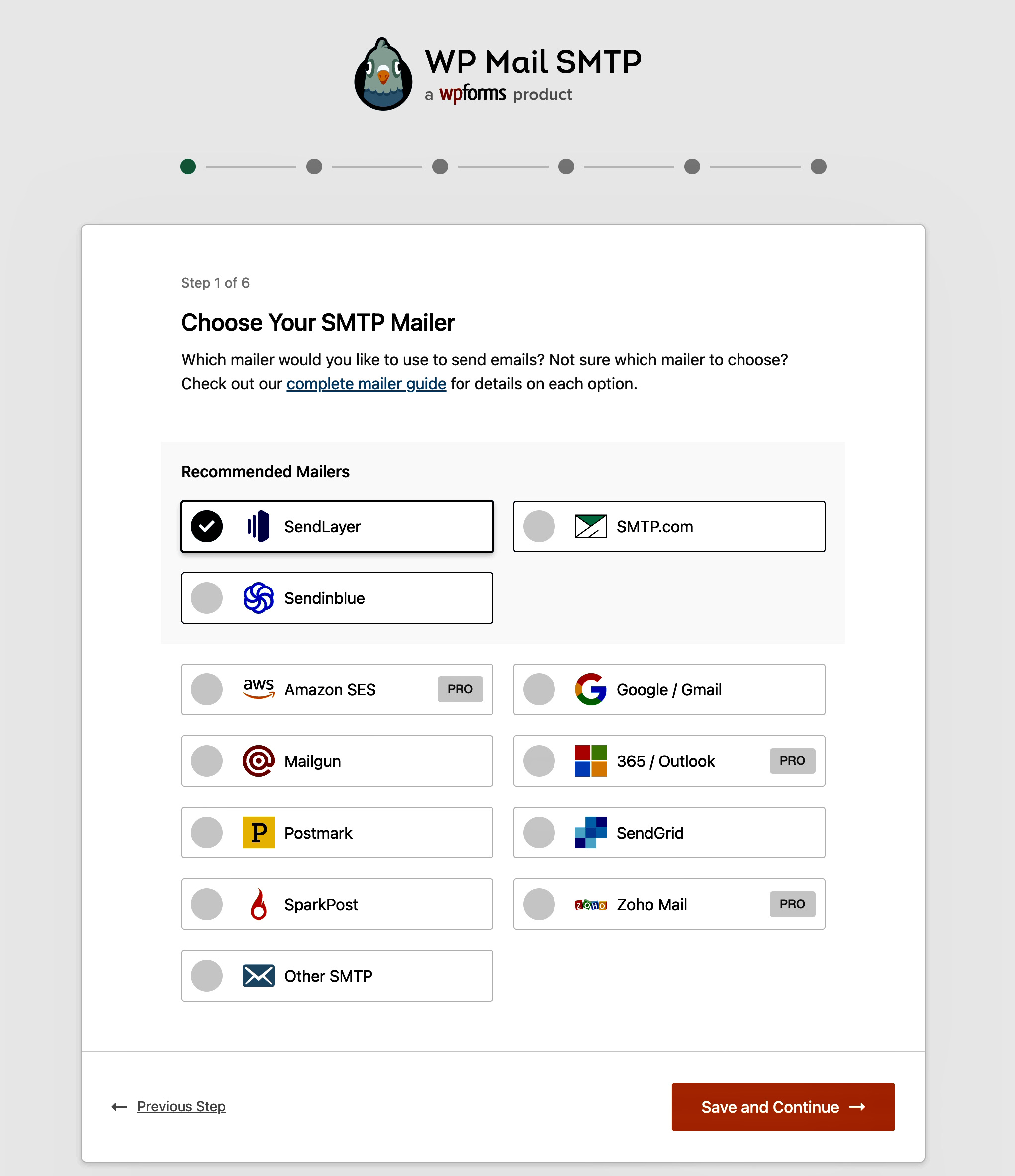 WordPress emails going to spam: A WP Mail SMTP setup screen shows a list of SMTP mailer options with icons, including SendLayer, SMTP.com, Sendinblue, Google/Gmail, Microsoft, and others. At the bottom are Previous Step and Save and Continue buttons.