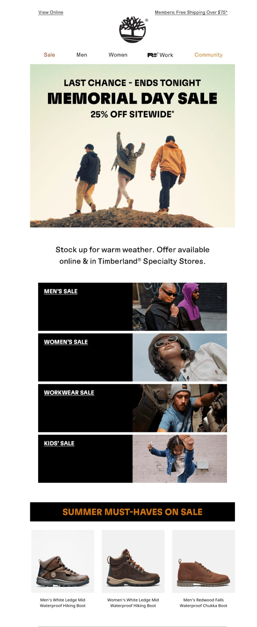 May newsletter ideas: Timberland email ad shows Memorial Day Sale 25% Off Sitewide with people toasting drinks outdoors. Below, sections for mens, womens, workwear, and kids’ sales, and featured summer shoes with images and titles.