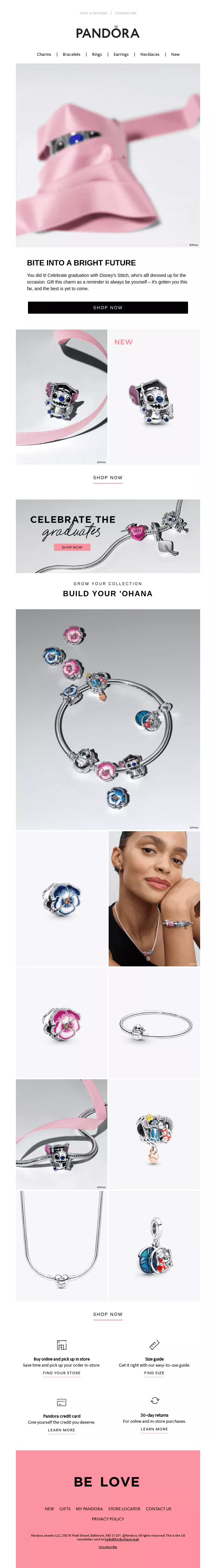 June newsletter ideas: A Pandora jewelry ad featuring heart-themed charms, bracelets, and necklaces in silver and pink. The campaign invites viewers to “Be Love” and shows models wearing the pieces.