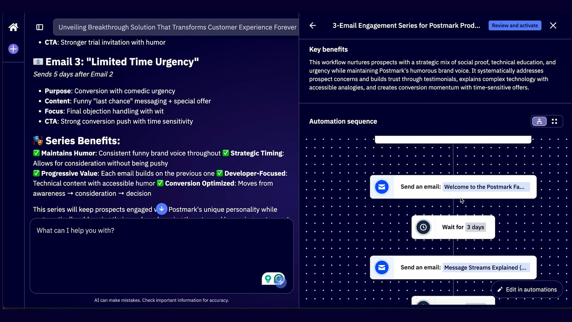 Campaign Monitor alternatives: A slide titled Email 3: ‘Limited Time Urgency’ shows a sample email strategy with comedic urgency, key benefits, and automation sequence. Bullet points and icons highlight steps for automated email engagement and effective customer communication.