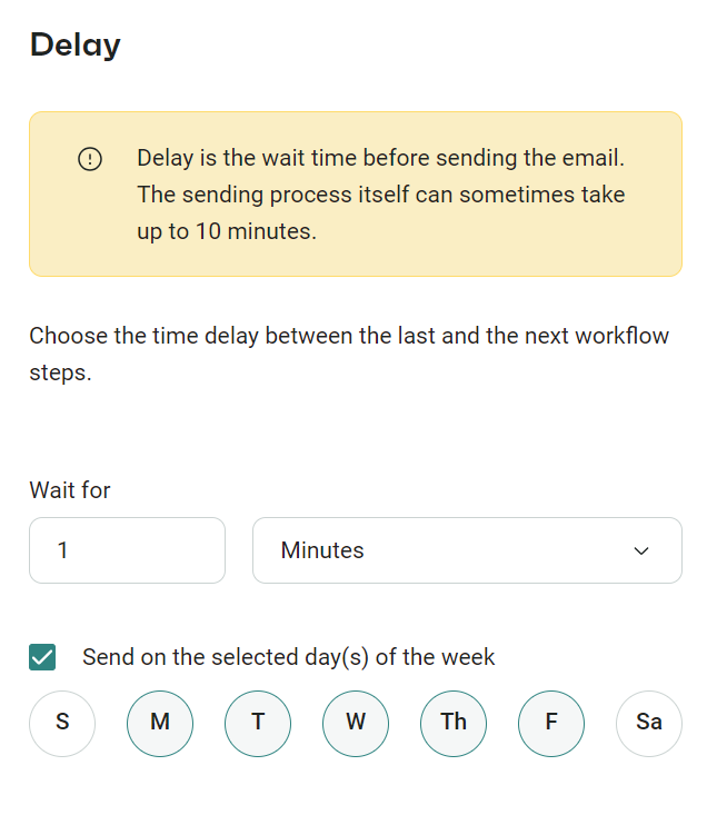 Email automation triggers: A web interface showing delay settings for an email workflow, with options to set wait time in minutes and select specific days of the week. A yellow box explains delays can take up to 10 minutes.
