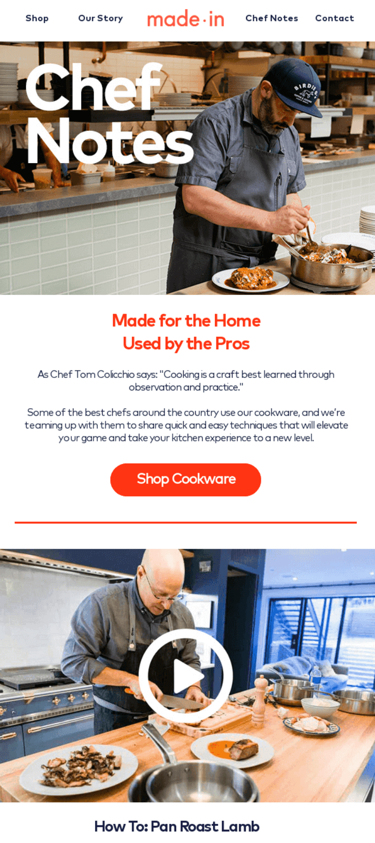 Video email marketing: A chef seasons lamb in a kitchen. Below, another chef in a blue apron and shirt pan-roasts lamb on a stove. A play button overlays the second image, with text about using cookware by professional chefs.
