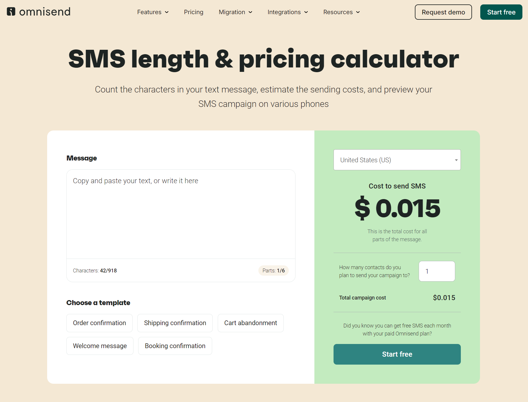 How to send a link in a text: Screenshot of Omnisend’s SMS length and pricing calculator. It shows a text box for entering a message, country selection, template options, and calculates the cost per SMS ($0.015) and total cost for a campaign.