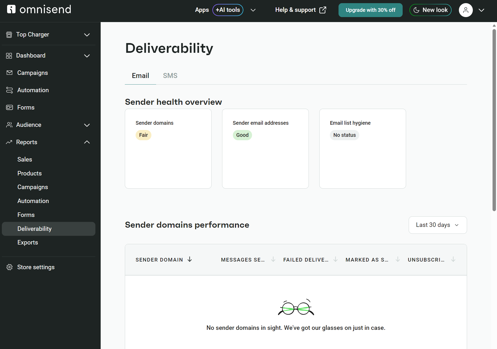 Hard bounce vs. soft bounce: A dashboard view from Omnisend showing the Deliverability page. Health status for sender domains is Fair, sender email addresses is Good, and email list hygiene shows No status. No sender domains are listed in the performance section.