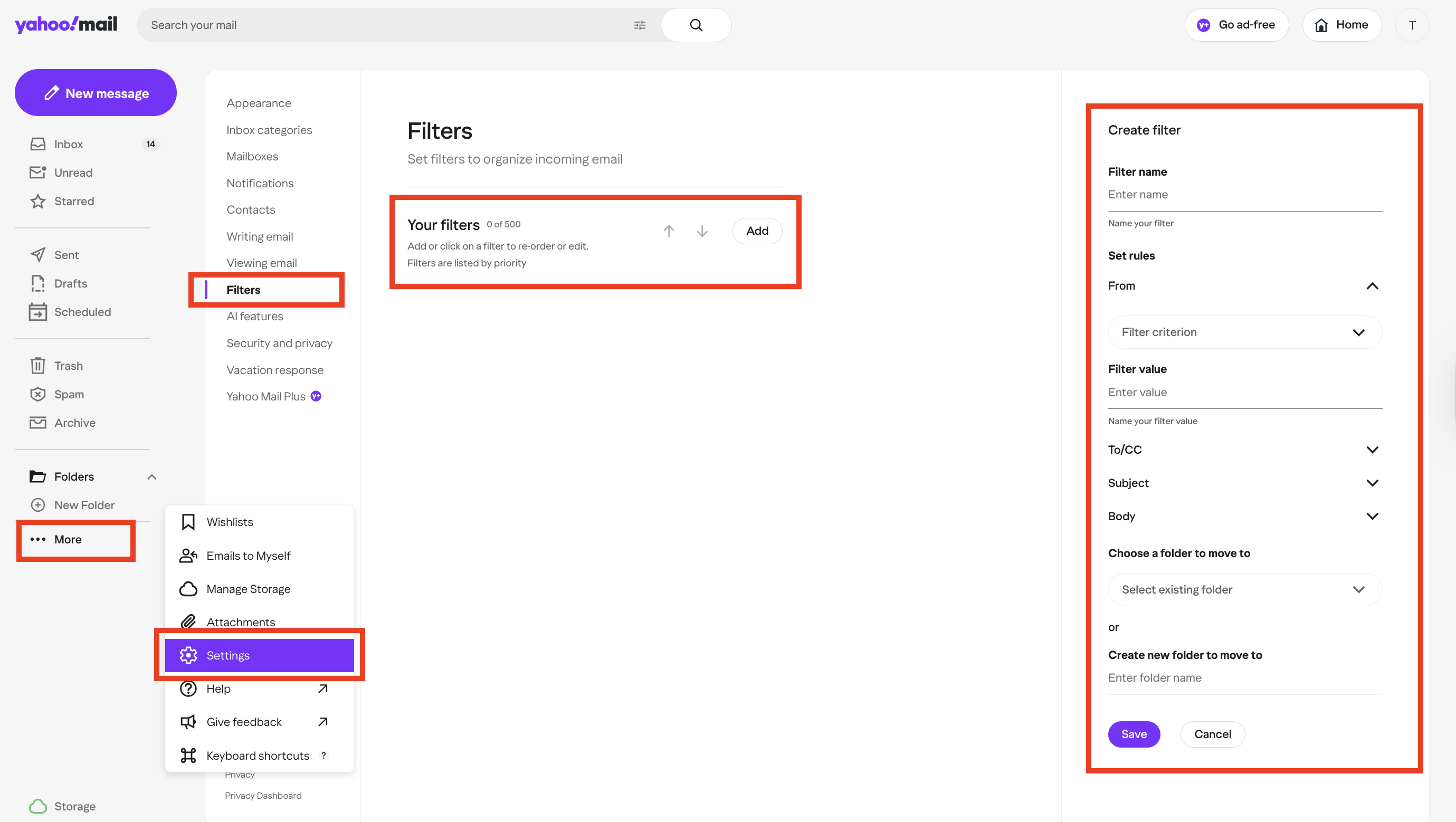 How to whitelist an email address: Screenshot of Yahoo Mail filter settings page. Filter options and settings are highlighted in red, including the Filters section, More and Settings buttons, and the form to create or edit an email filter.