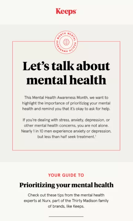 May newsletter ideas: An informational graphic from Keeps about Mental Health Awareness Month encourages prioritizing mental health, noting that nearly 1 in 10 people experience anxiety or depression, but less than half seek treatment.