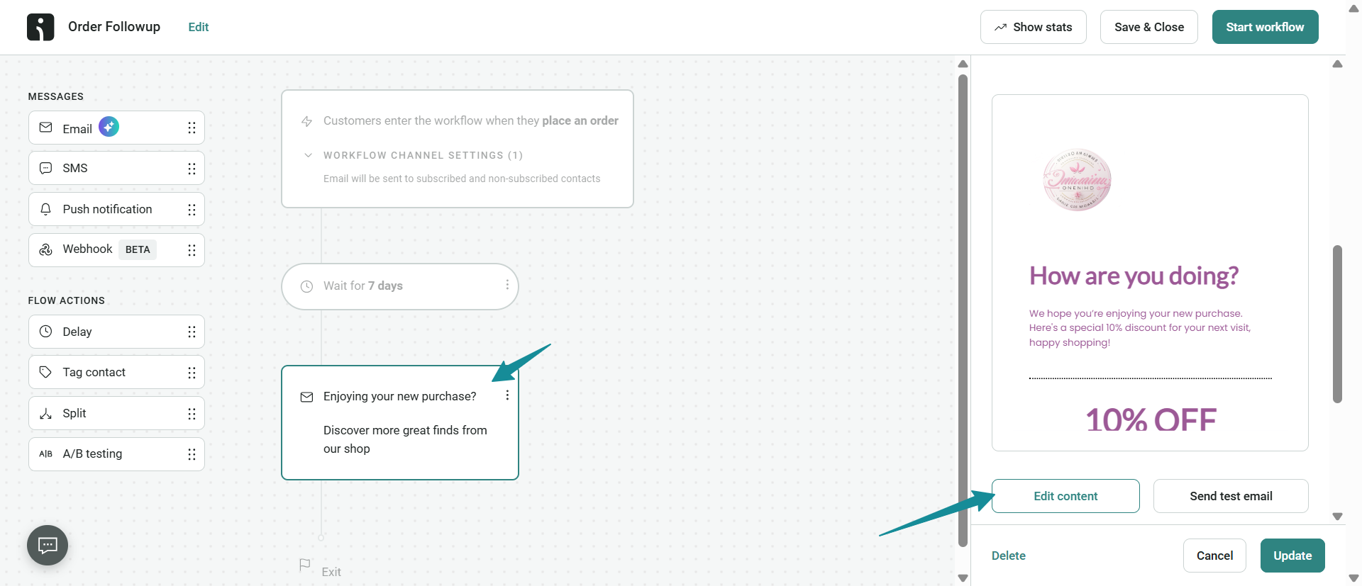 How to bump an email: A workflow editor interface displays an email automation for order follow-up. Arrows highlight a message box that offers a 10% discount and an Edit content button on a sample email preview.