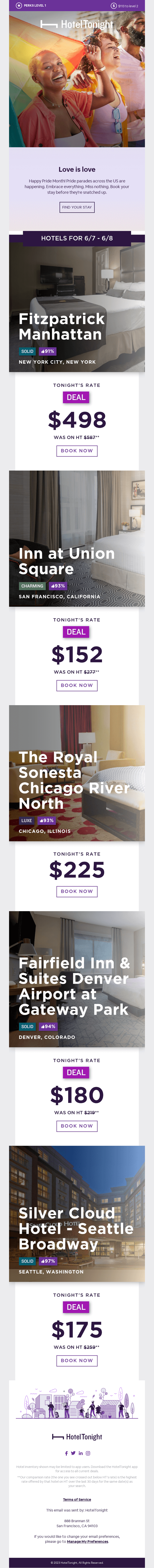 Pride Month email: A vertical flyer for a hotel rewards program shows friends celebrating at the top, followed by hotel deals in Cancun, New York, Orlando, and more, with nightly rates and photos of comfortable hotel rooms.