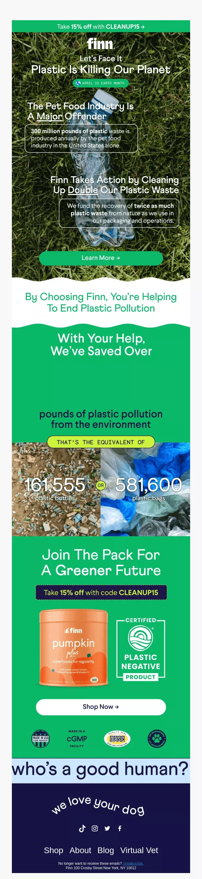June newsletter ideas: Infographic from Finn about plastic pollution caused by pet waste bags, highlighting their eco-friendly alternative and savings in plastic waste, with nature images, product links, and a message thanking customers.