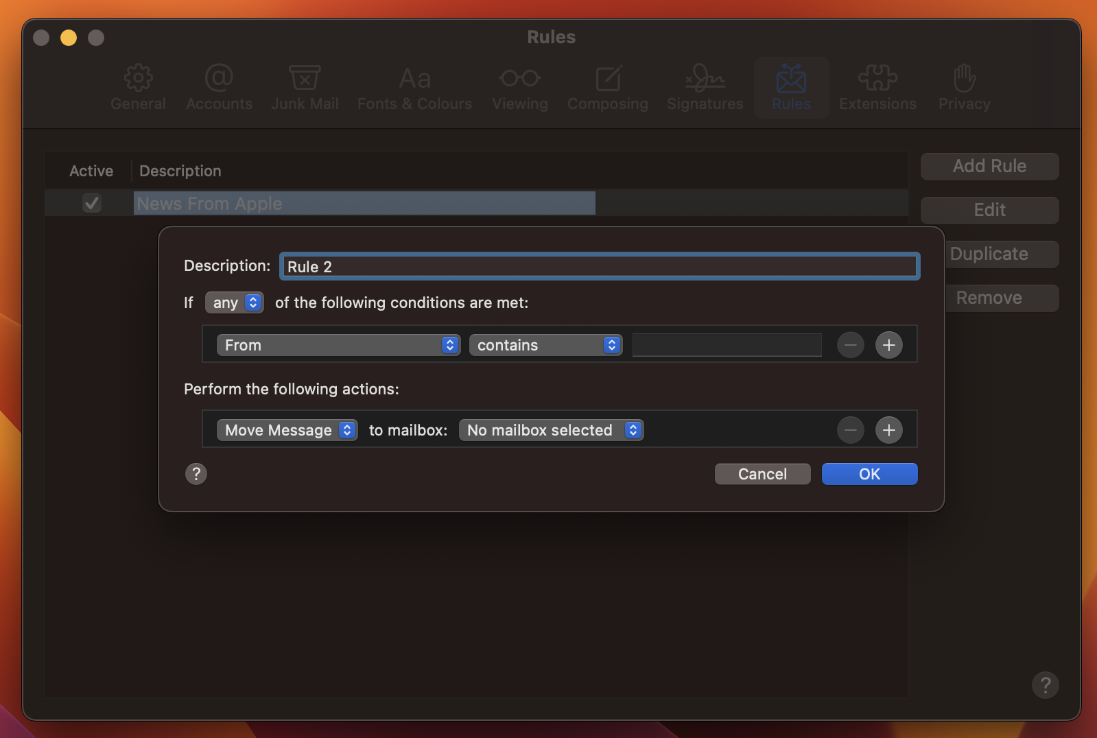How to whitelist an email address: A screenshot of a Rules window in an email app shows a rule named Rule 2 being created. The rule moves messages if the sender meets specified criteria. Options to add, edit, or remove the rule are visible.