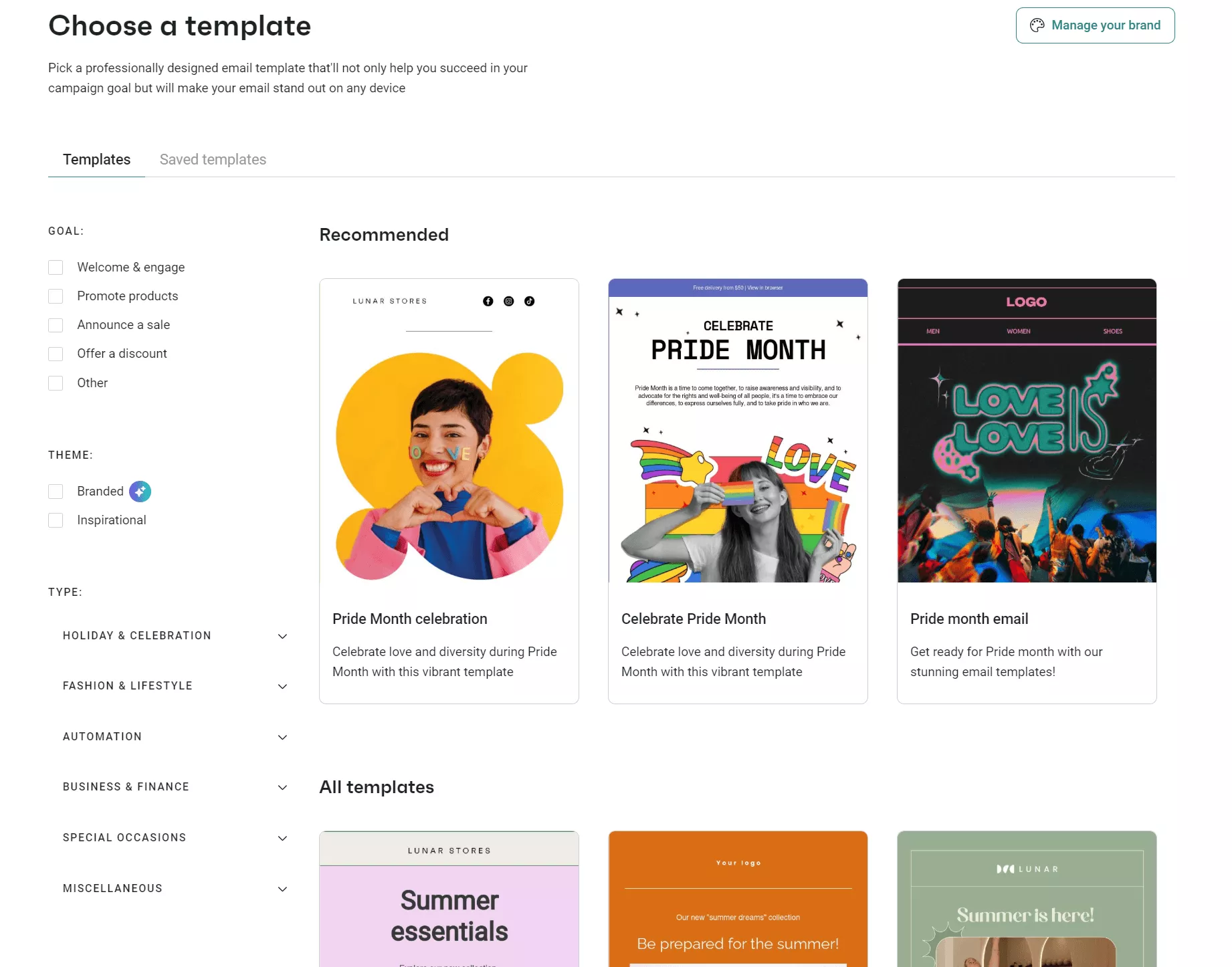 Hard bounce vs. soft bounce: A webpage displays email templates for selection, featuring a search bar, filters, and thumbnail previews of templates including themes like Pride Month and Summer essentials. The Recommended section showcases colorful, festive designs.