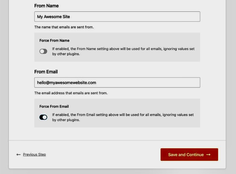 WordPress emails going to spam: A settings page with fields to enter From Name and From Email, toggle switches to force these settings, and buttons labeled Previous Step and Save and Continue.
