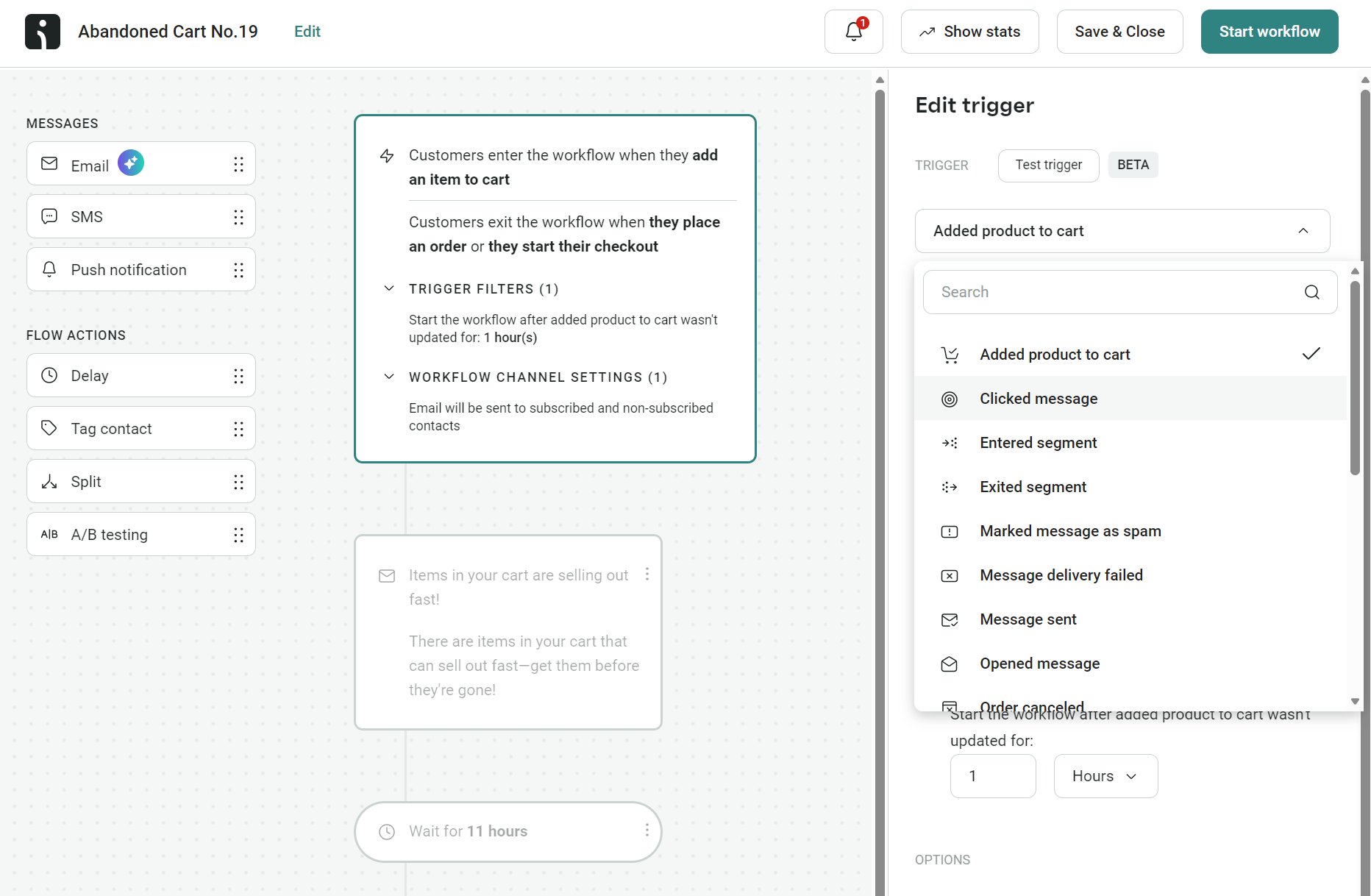 Email automation triggers: A software interface displays settings for an Abandoned Cart workflow. The left panel lists message types and workflow steps, while the right panel shows trigger options for starting the workflow, with Added product to cart selected.
