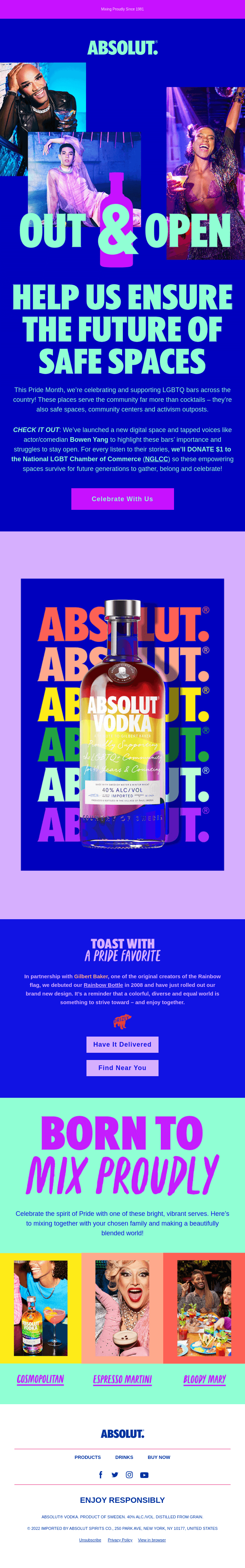 Pride Month email: Absolut’s “Out & Open” campaign webpage features vibrant text and images celebrating LGBTQ+ safe spaces, with a rainbow-colored vodka bottle, cocktail recipes, and calls to support inclusivity and the National LGBT Chamber of Commerce.