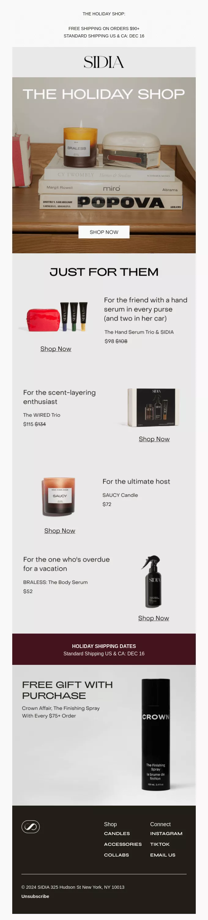 June newsletter ideas: A promotional holiday shop email from SIDIA featuring wellness and skincare products, including candles, creams, a hand serum, and a free gift offer with purchase, displayed with product images and descriptions in a minimalist layout.