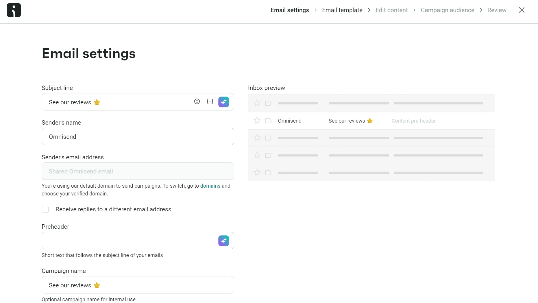 Video email marketing: A user interface screen showing email settings, including fields for subject line, sender’s name, sender’s email address, and an inbox preview with the subject “See our reviews ⭐.” Options for reply-to address are visible.
