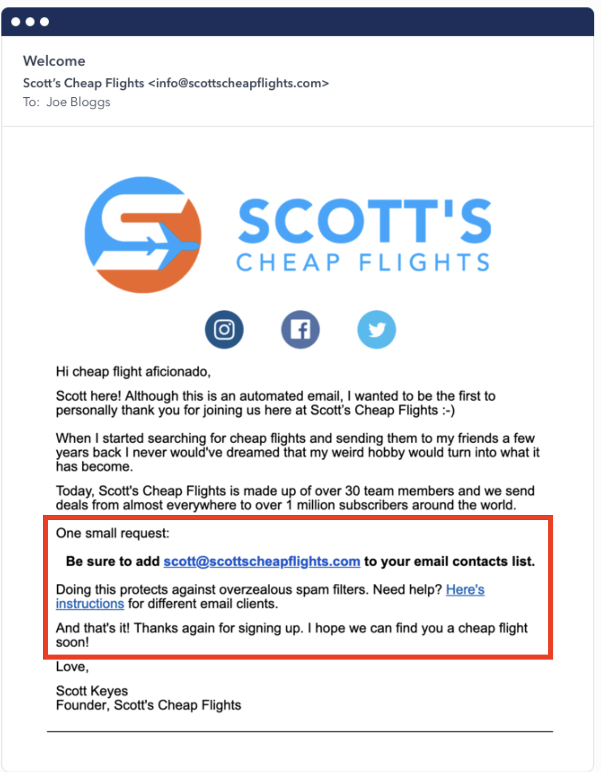 How to whitelist an email address: An email from Scott’s Cheap Flights welcoming a new subscriber, featuring the company logo and a highlighted box urging the user to add their email address to contacts to avoid spam filters.