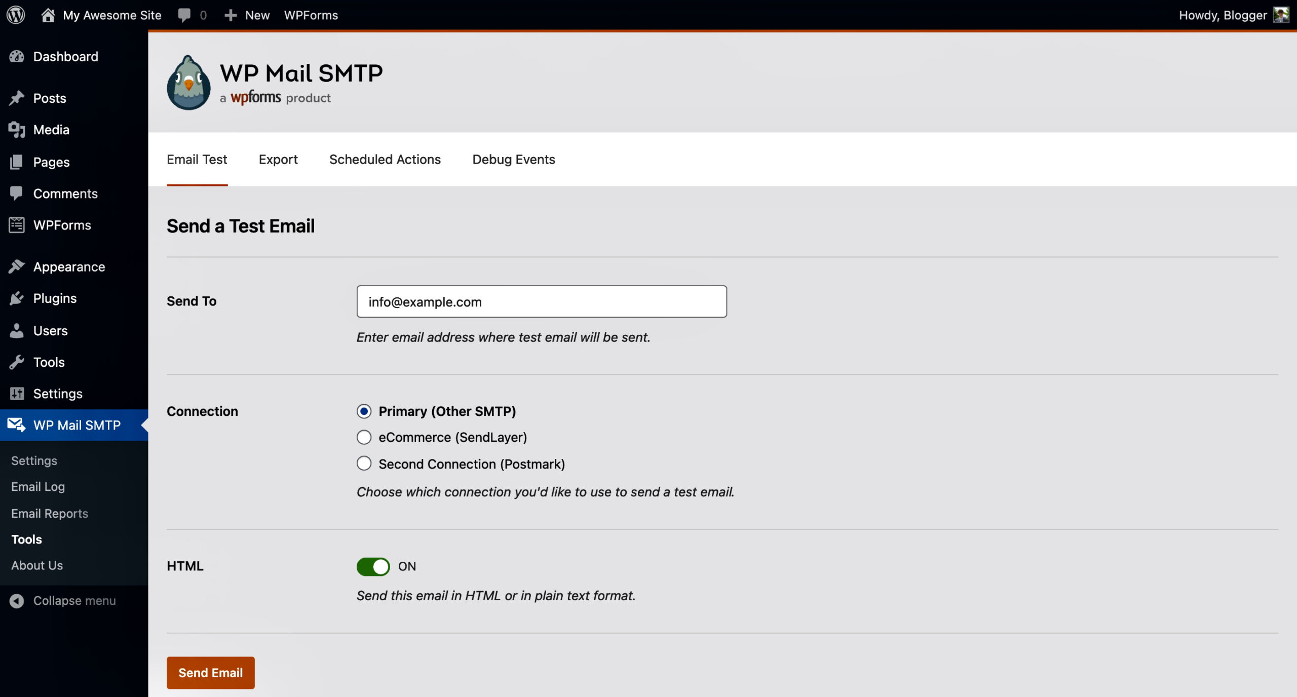 WordPress emails going to spam: WP Mail SMTP plugin interface displaying the Send a Test Email section, with an email input field, SMTP connection options, and a toggle to send the email in HTML or plain text format.