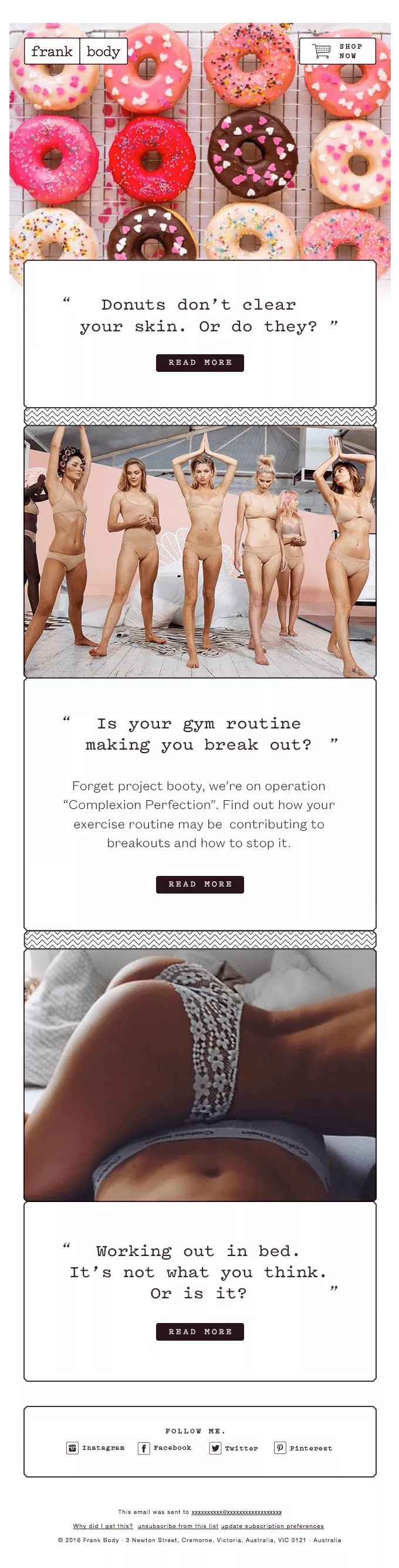 June newsletter ideas: A vertical collage with donuts at the top, followed by three panels: models posing in nude underwear, a woman touching her face, and a person working on a laptop in bed, with text on skincare and lifestyle tips.