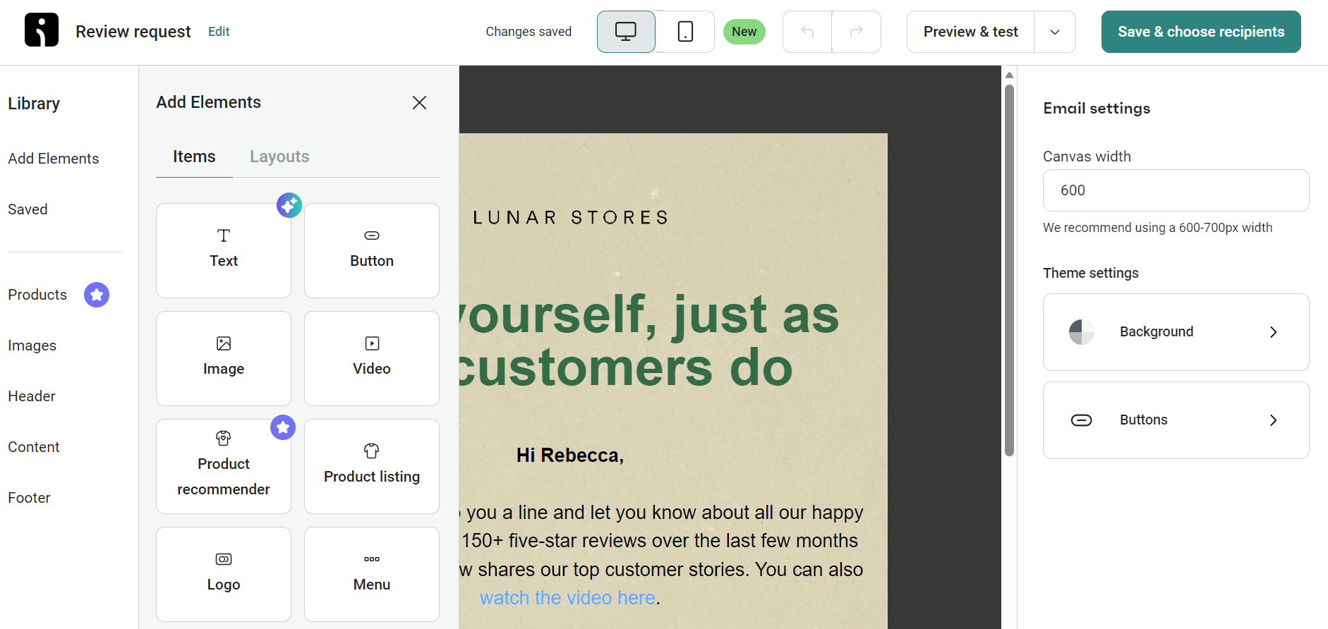 Video email marketing: A screenshot of an email editor showing a draft email for LUNAR STORES on the right and an element library on the left with options like Text, Button, Image, and Video for adding to the email.
