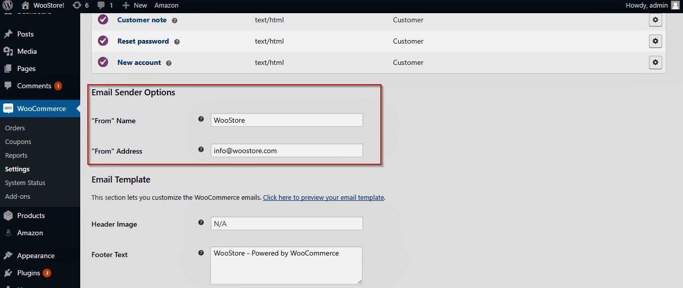WordPress emails going to spam: Screenshot of WooCommerce email settings page, showing fields to set the From Name as WooStore and From Address as info@woostore.com under the Email Sender Options section.