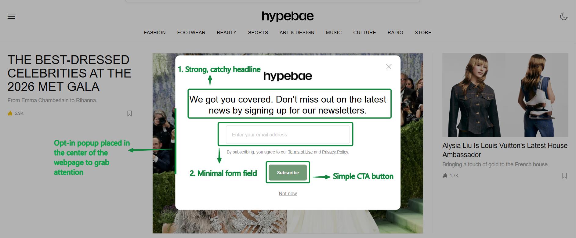 Opt-in email: A website features a central green pop-up inviting visitors to sign up for newsletters, with labeled tips: strong headline, minimal form field, and simple CTA button. The background shows fashion articles and celebrity images.