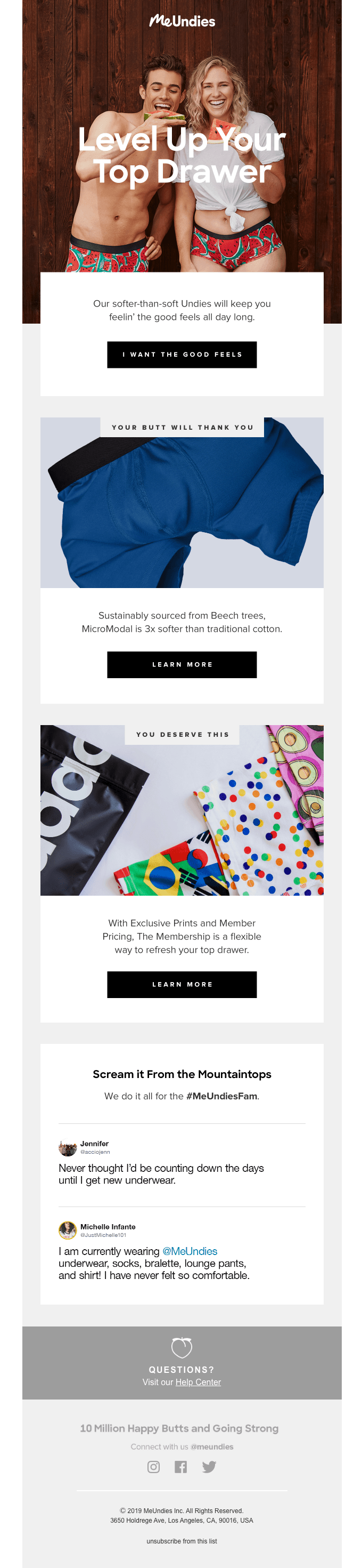 Email CTA: Two men smiling, standing side by side in colorful MeUndies boxer briefs. Below are featured product images: blue mens boxer briefs and women’s bralette and underwear in a bright print, followed by customer reviews and social media links.