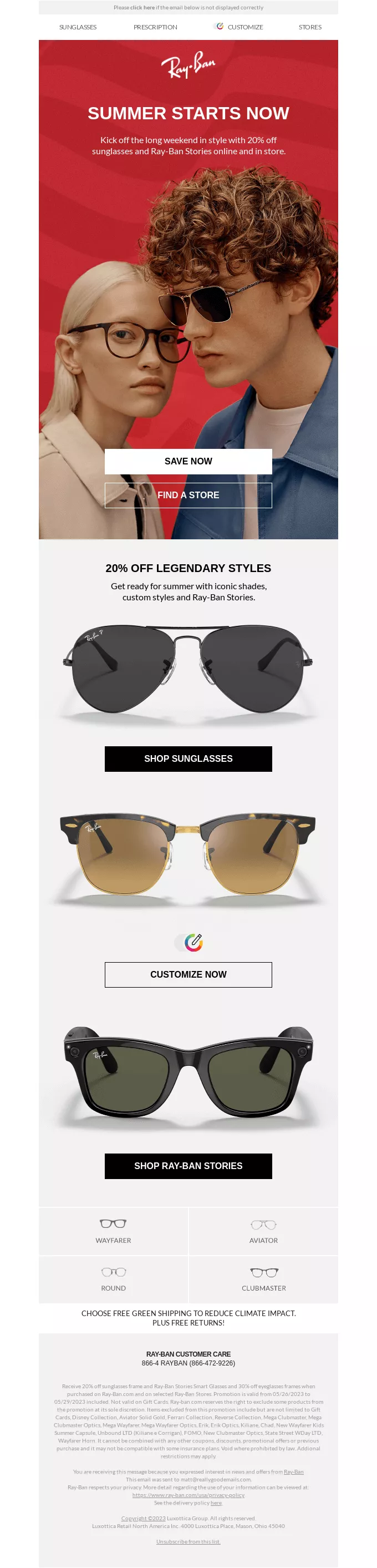 June newsletter ideas: A Ray-Ban email ad featuring a stylish man and woman in sunglasses, summer sale banner, discount offer, and images of three sunglasses styles with Shop Now buttons beneath each.