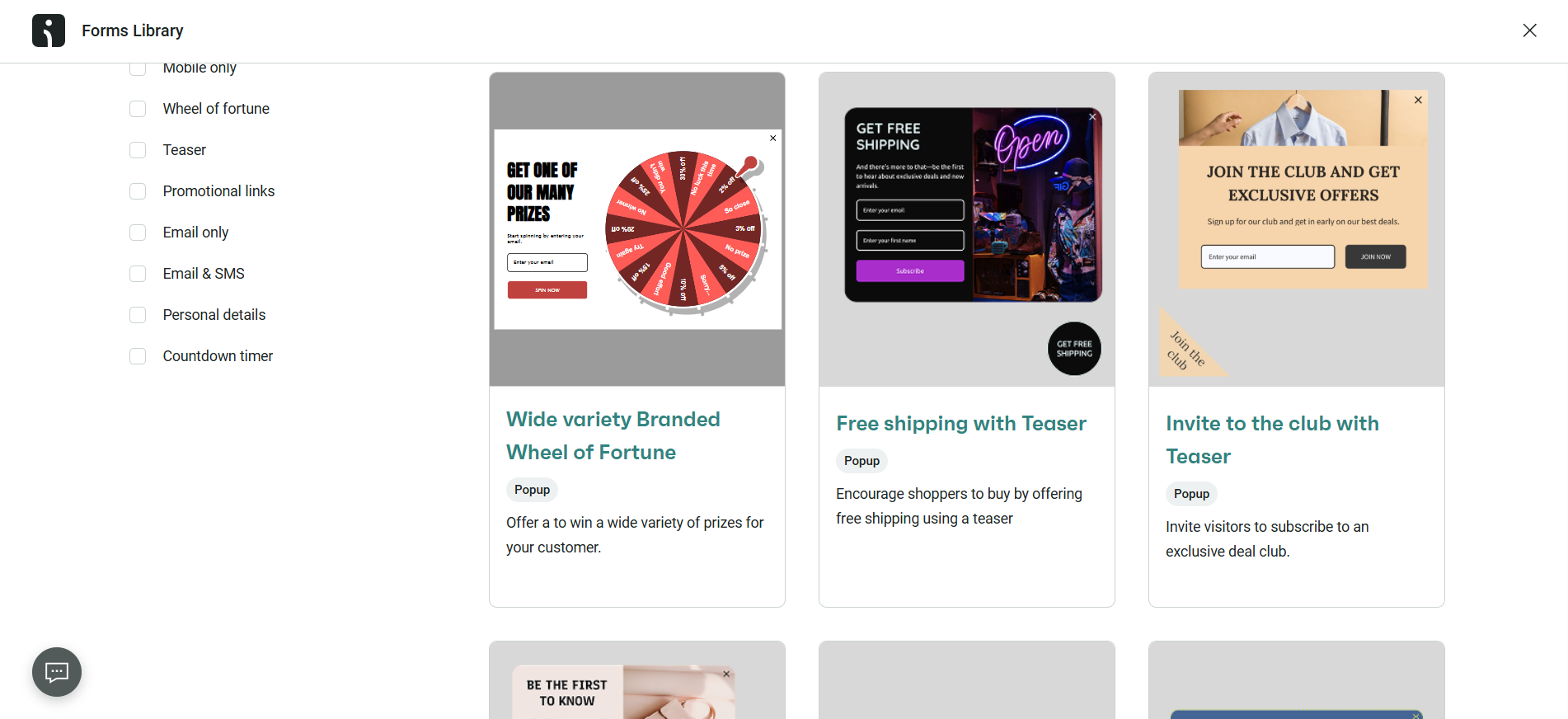 What is a mailing list: A digital library interface displaying popup form templates, including a branded wheel of fortune, free shipping offer, and exclusive club invitation. Each template features a preview image and brief description.