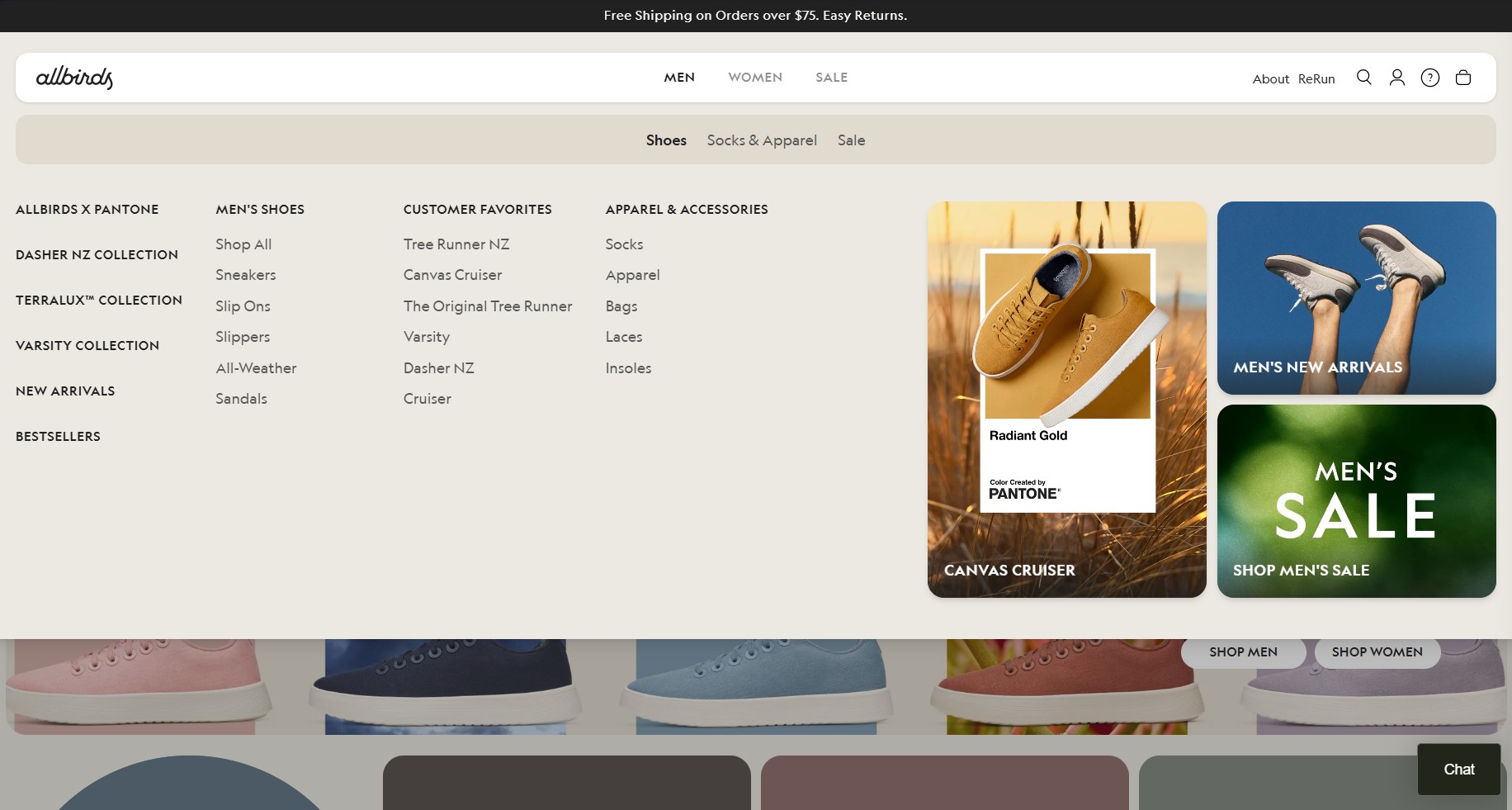 Ecommerce website examples: Website menu for Allbirds showing categories for men’s shoes and accessories on the left, with highlighted images of tan canvas shoes, labeled “Radiant Gold,” and green banners for new arrivals and a men’s sale on the right.