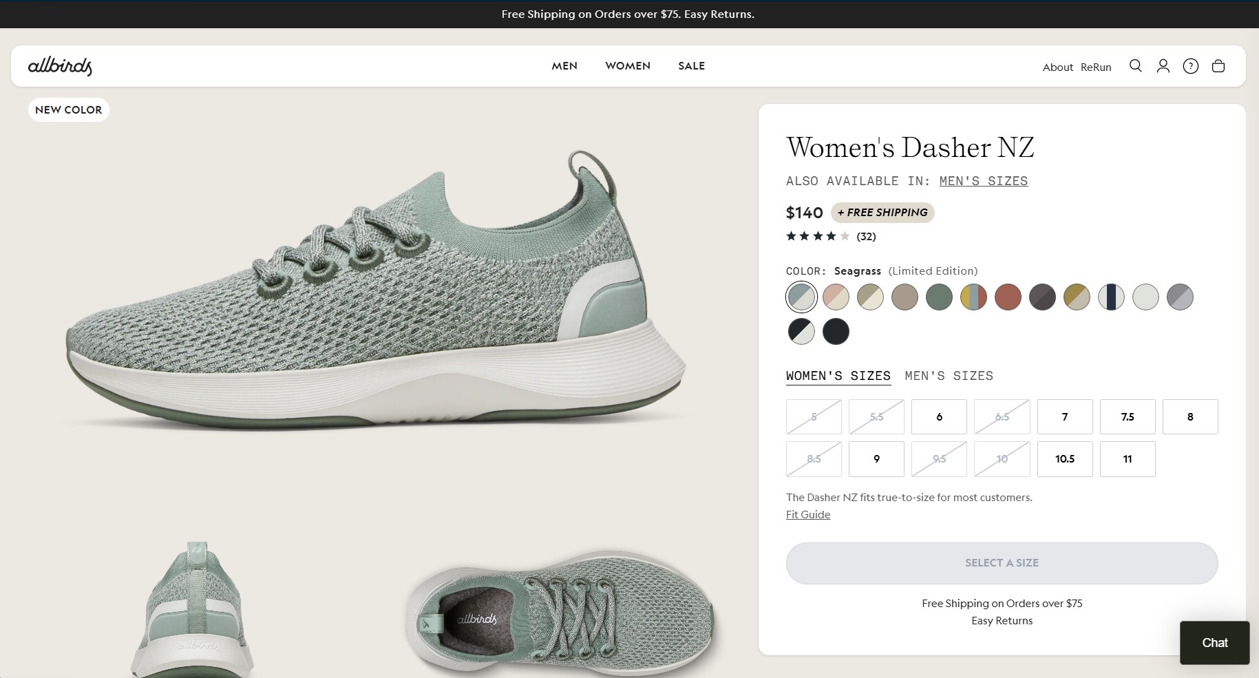 Ecommerce website examples: Screenshot of an online store page displaying a light green womens sneaker called the Dasher NZ by Allbirds. Product details, sizes, price, color options, and customer ratings are visible on the right.