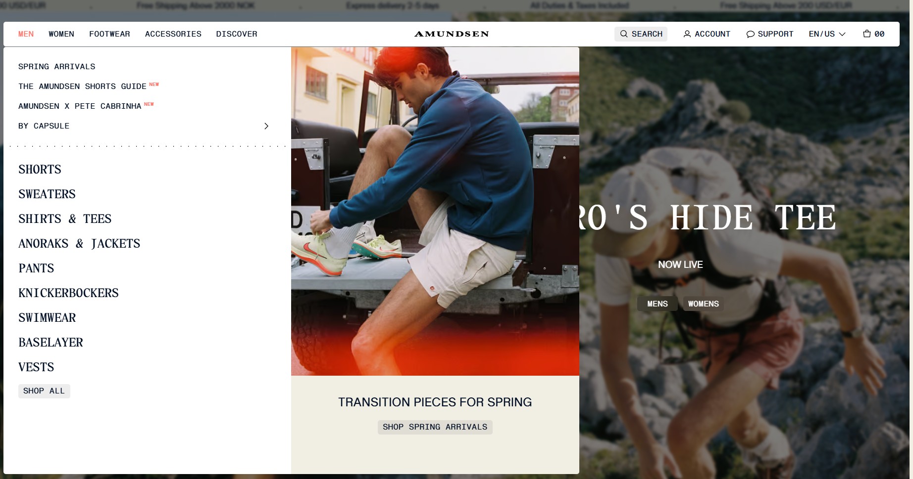 Ecommerce website examples: A man in a sweater and shorts sits on the back of a vehicle, adjusting his shoe. The left menu shows clothing categories, highlighting spring arrivals. The blurred background features another person outdoors.