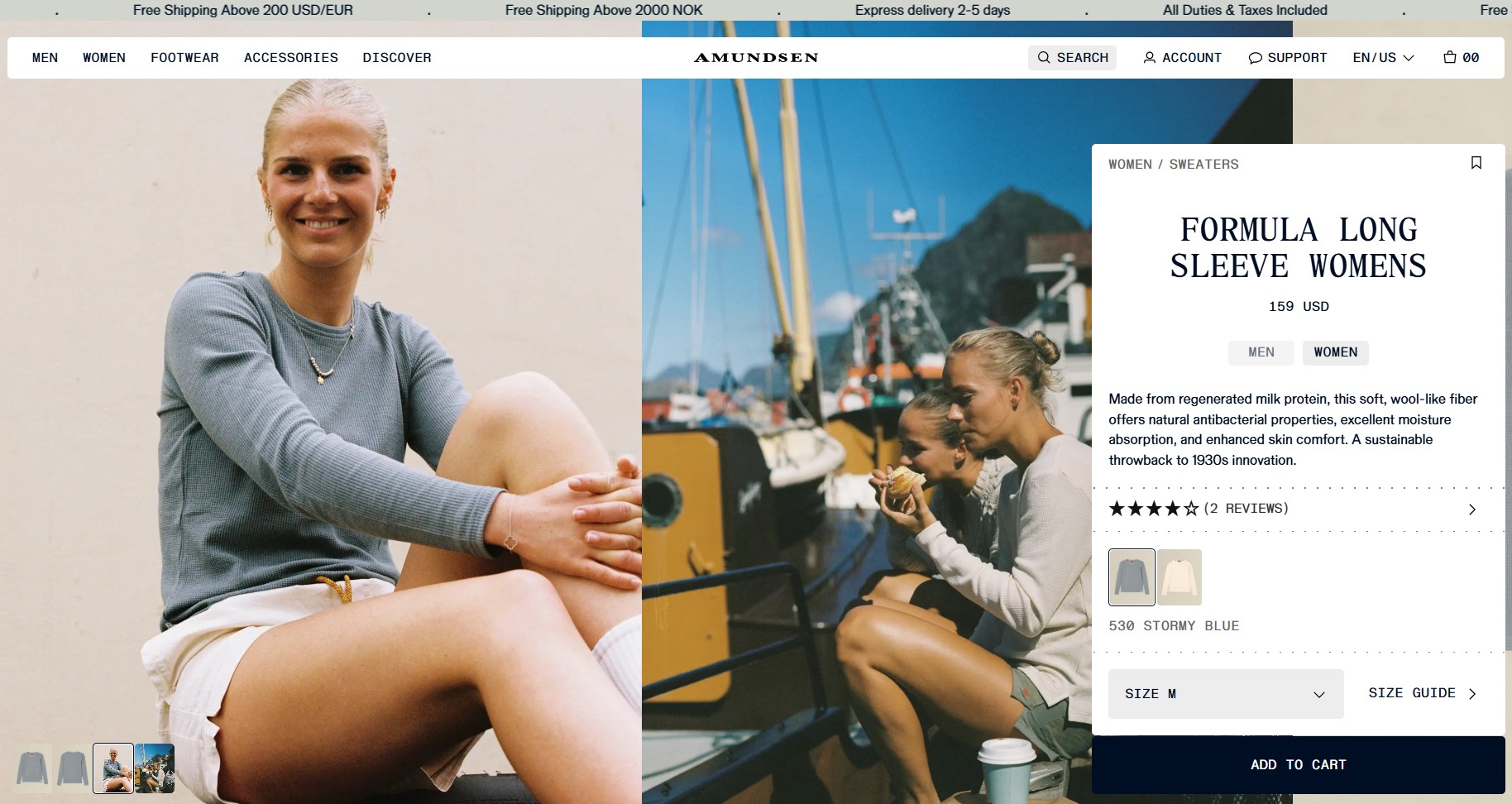 Ecommerce website examples: A woman sits outdoors smiling in a casual setting, wearing a gray long sleeve sweater and cream shorts. Next to her is a product page for the Formula Long Sleeve Womens sweater, with details and color options visible.