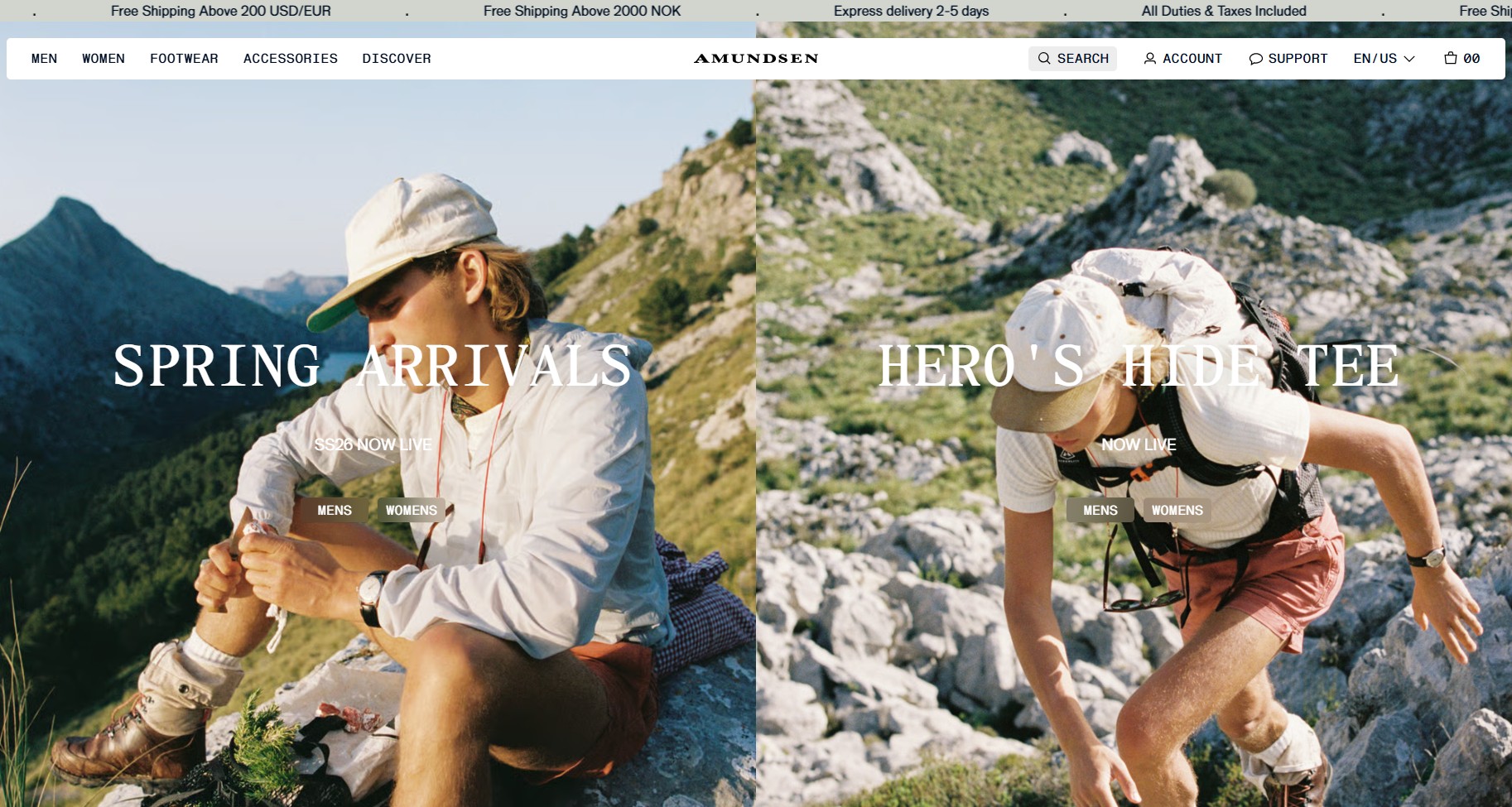 Ecommerce website examples: Amundsen home page