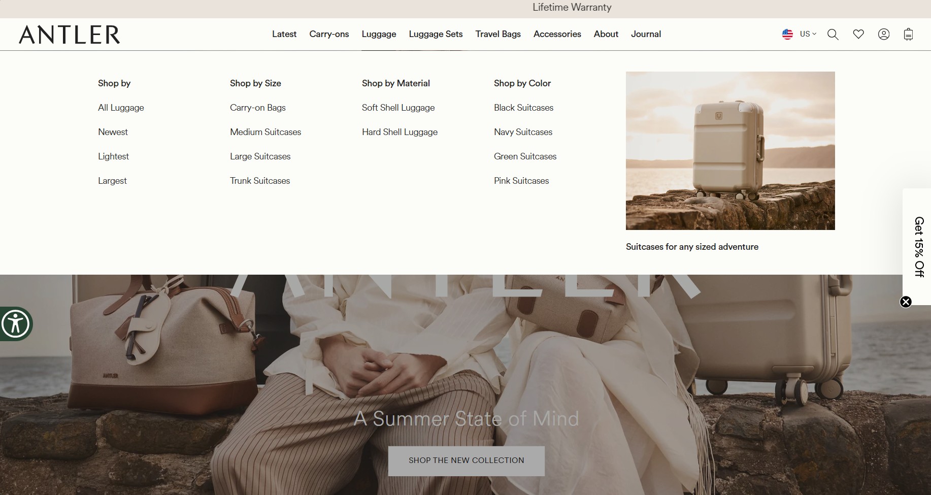 Ecommerce website examples: Screenshot of the Antler website homepage showing the main menu with categories for luggage, and an image of two people sitting outdoors next to a white suitcase. Text below reads, A Summer State of Mind.