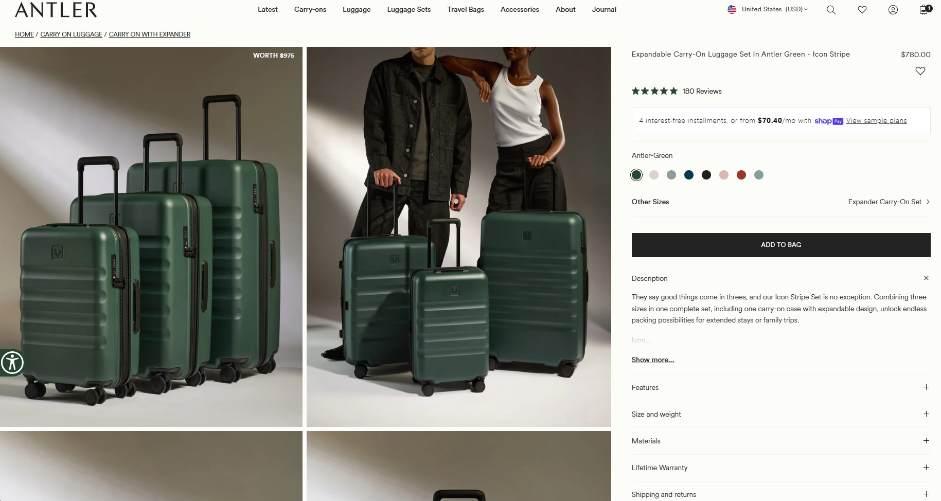 Ecommerce website examples: Three green hard-shell suitcases of various sizes are displayed; two are standing upright side by side, and one is in front. A man and woman stand behind the suitcases, modeling travel attire.