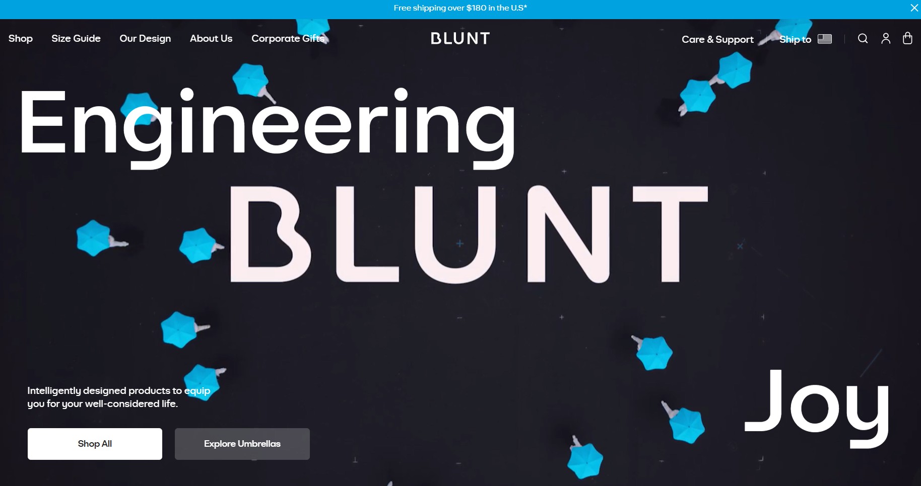 Ecommerce website examples: blunt umbrellas home page