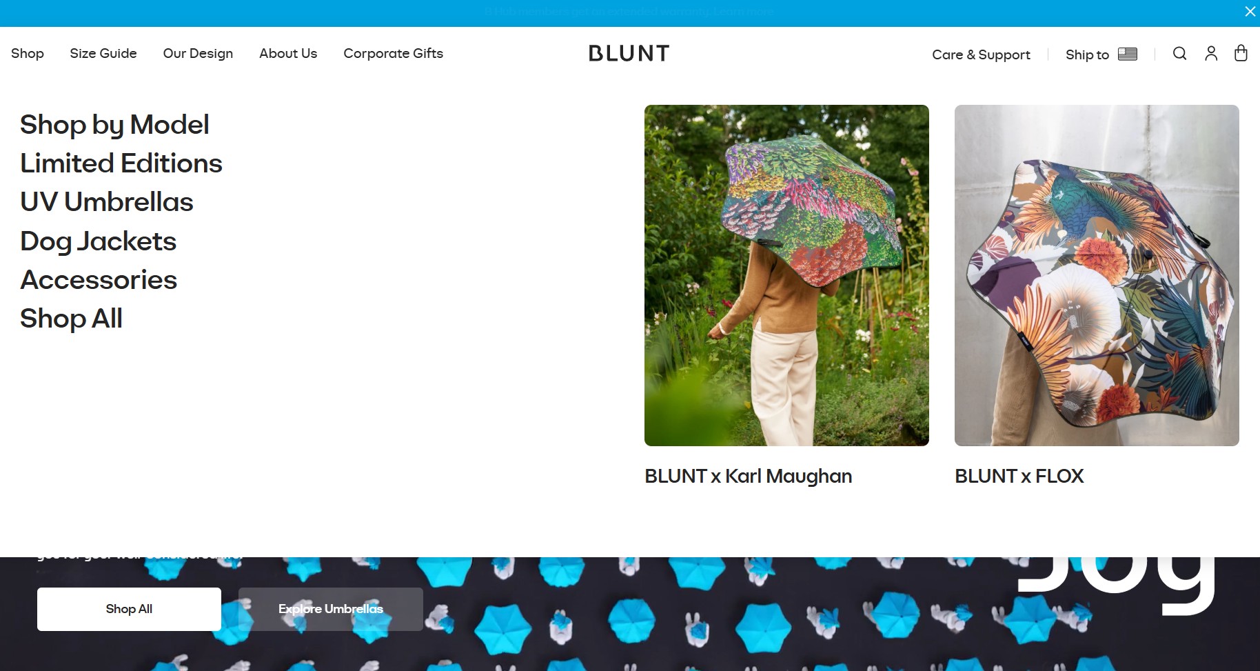 Ecommerce website examples: Screenshot of the BLUNT website showing two umbrellas: one with a colorful floral pattern held by a person outdoors, labeled BLUNT x Karl Maughan, and another with a bold botanical design, labeled BLUNT x FLOX.