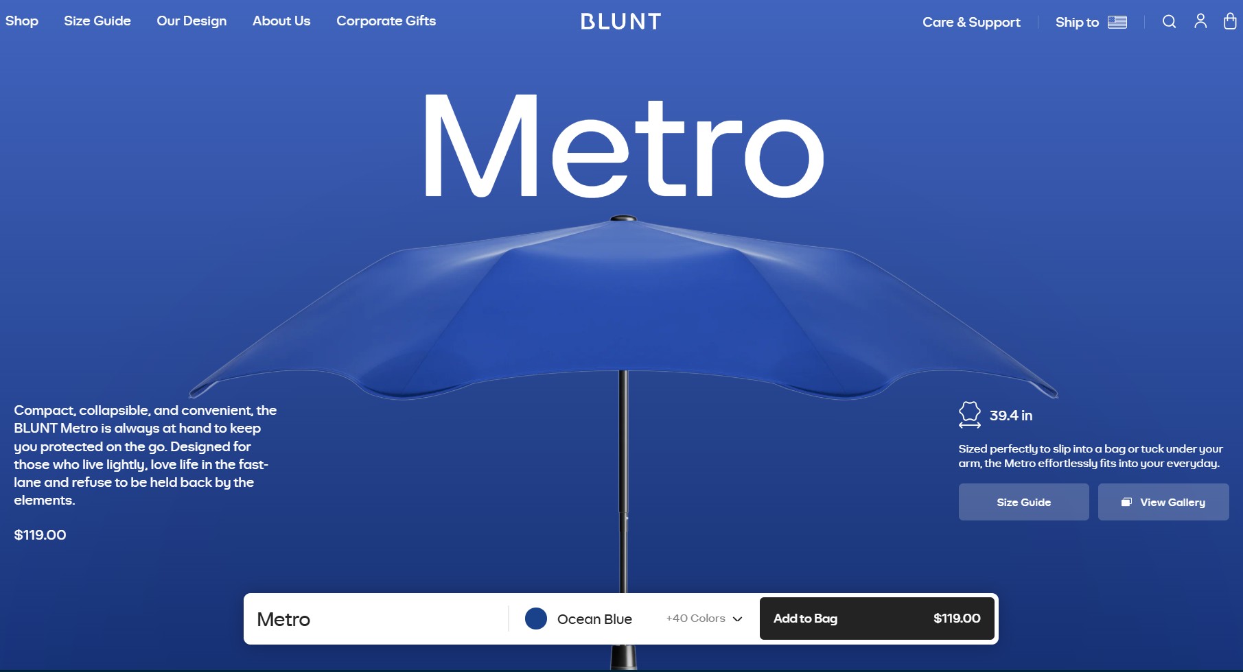 Ecommerce website examples: A blue umbrella is centered on a blue background with the word Metro above it. Text on the left describes the umbrella’s features and price, while navigation and shopping options appear on the top and right.