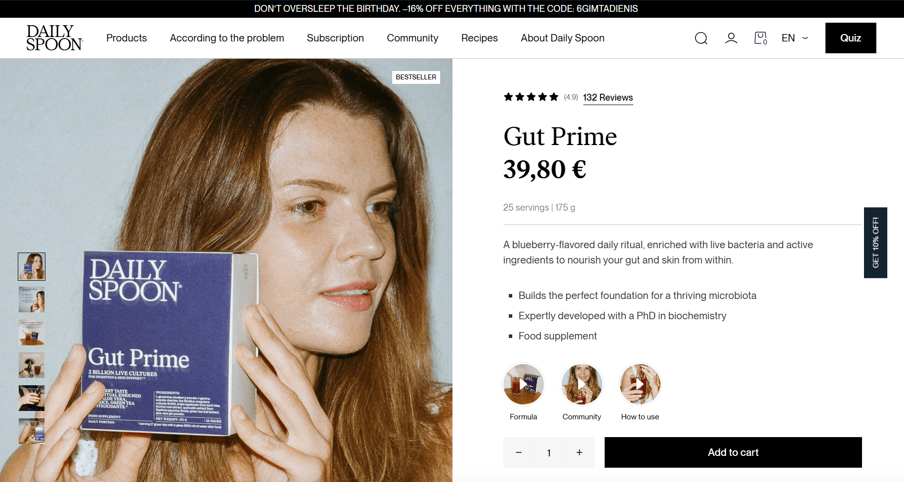 Ecommerce website examples: A woman with long brown hair smiles while holding a box of Daily Spoon Gut Prime supplement next to her face. The product price and description are displayed on the right side of the image.