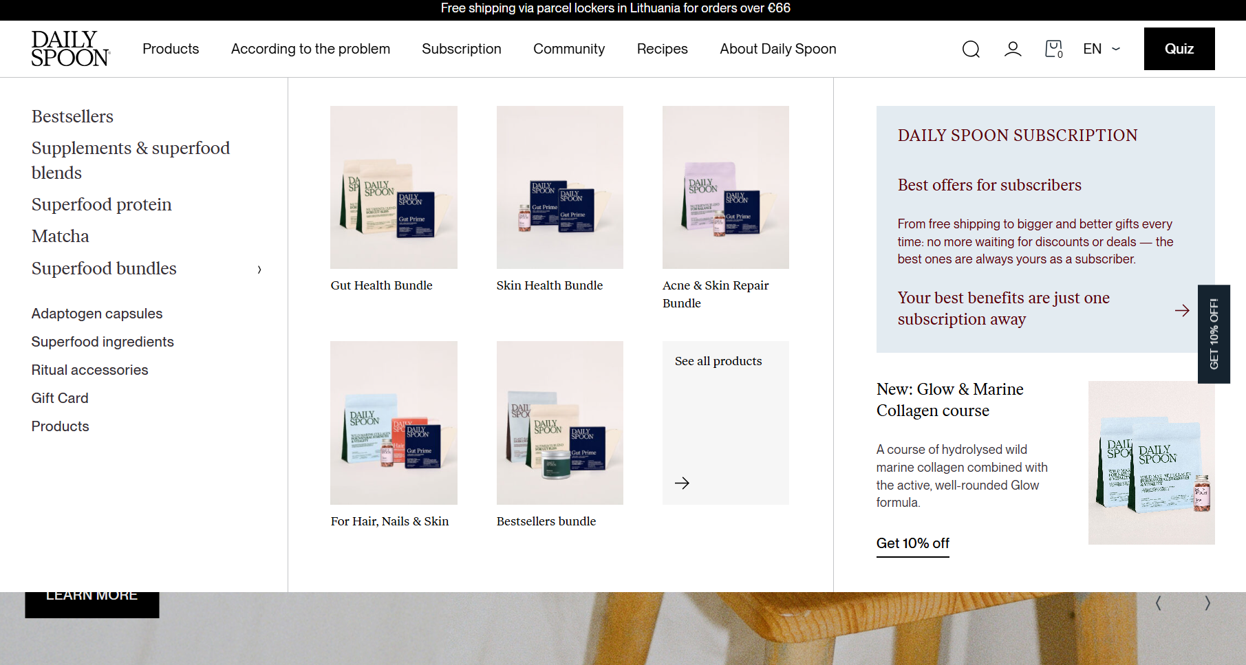 Ecommerce website examples: Screenshot of the Daily Spoon website showing product listings for supplement bundles, a sidebar with best offers, navigation menus, and a banner for free shipping in Lithuania. Four product images are displayed in the main section.