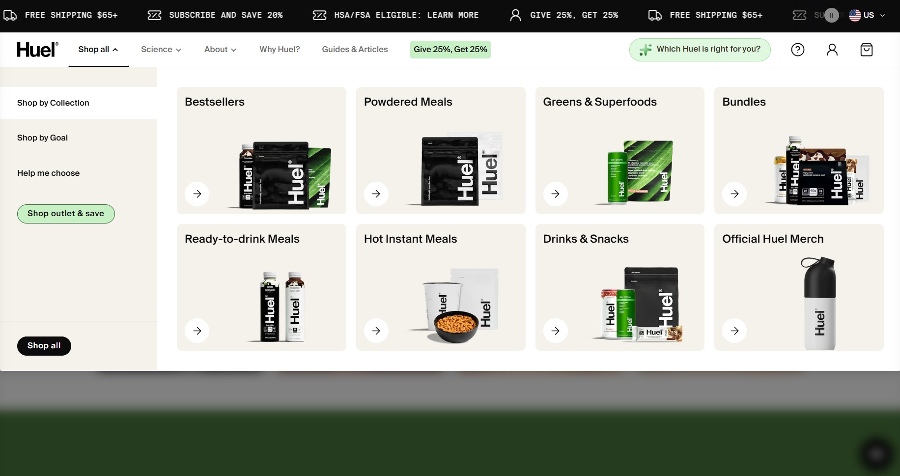Ecommerce website examples: Screenshot of the Huel website showing product categories: Bestsellers, Powdered Meals, Greens & Superfoods, Bundles, Ready-to-drink Meals, Hot Instant Meals, Drinks & Snacks, and Official Huel Merch.
