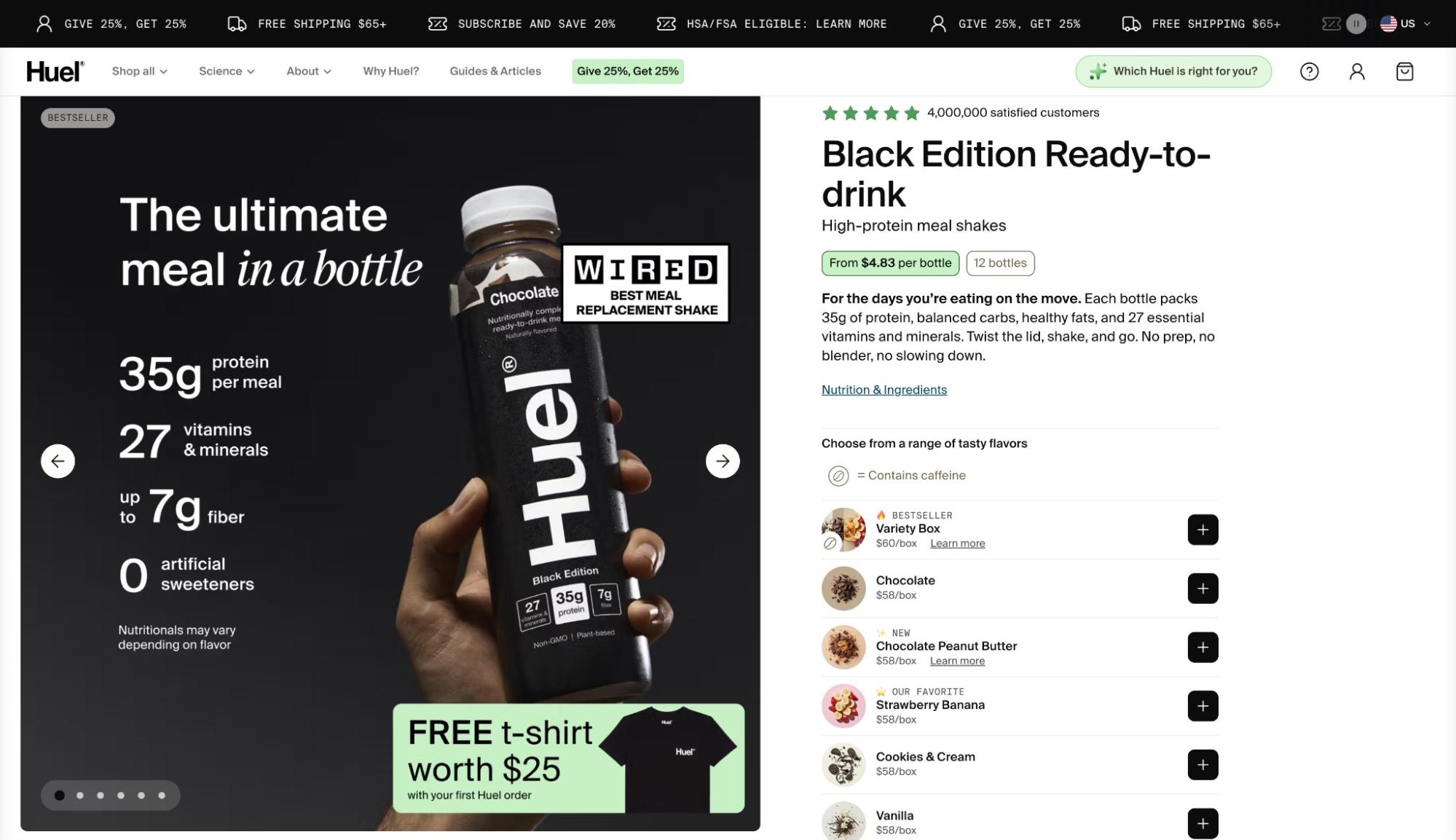 Ecommerce website examples: A hand holds a bottle of Huel Black Edition Ready-to-drink meal; text highlights 35g protein, 27 vitamins and minerals, and 0 artificial sweeteners. Banner offers a free T-shirt. Product details and customer ratings are shown on the right.
