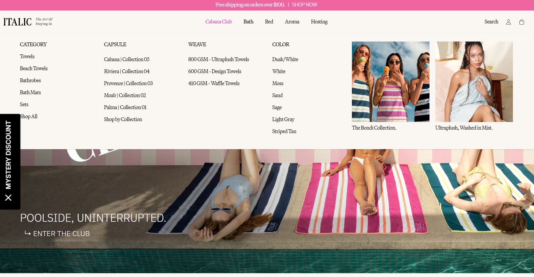 Ecommerce website examples: A website banner shows women relaxing on colorful striped towels by a pool. A menu displays towel categories, collections, weaves, and colors at the top, with the text “POOLSIDE, UNINTERRUPTED.” and “ENTER THE CLUB” at the bottom.