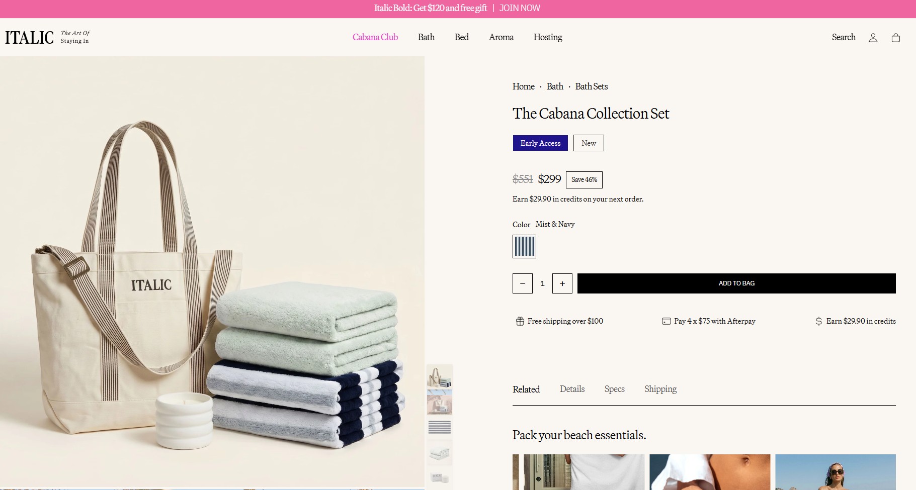 Ecommerce website examples: A beige tote bag with ITALIC text stands next to a neatly stacked set of towels in light green, white, and navy blue, displayed on a product page for The Cabana Collection Set.